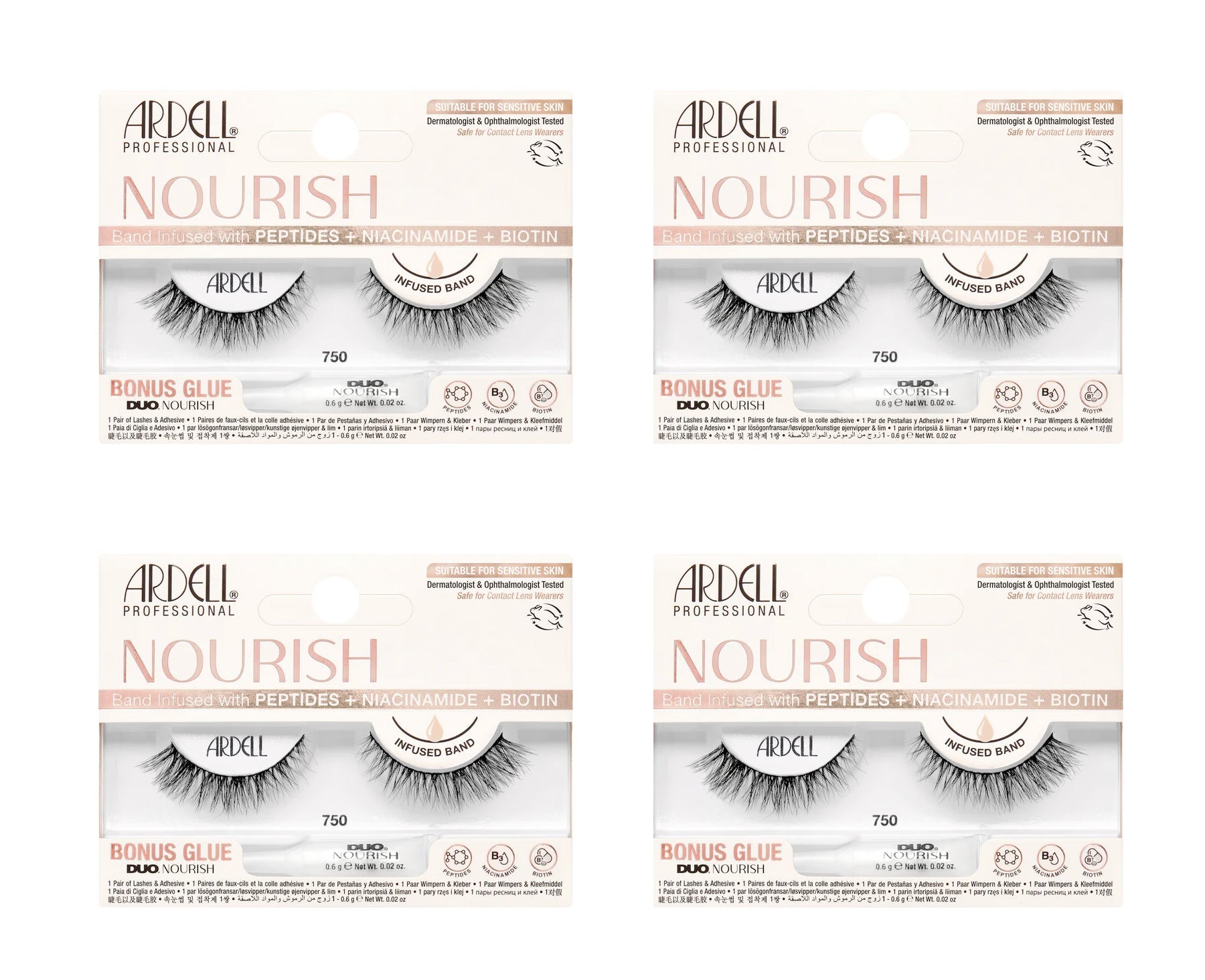 Four boxes of Ardell Nourish false eyelashes on a white background