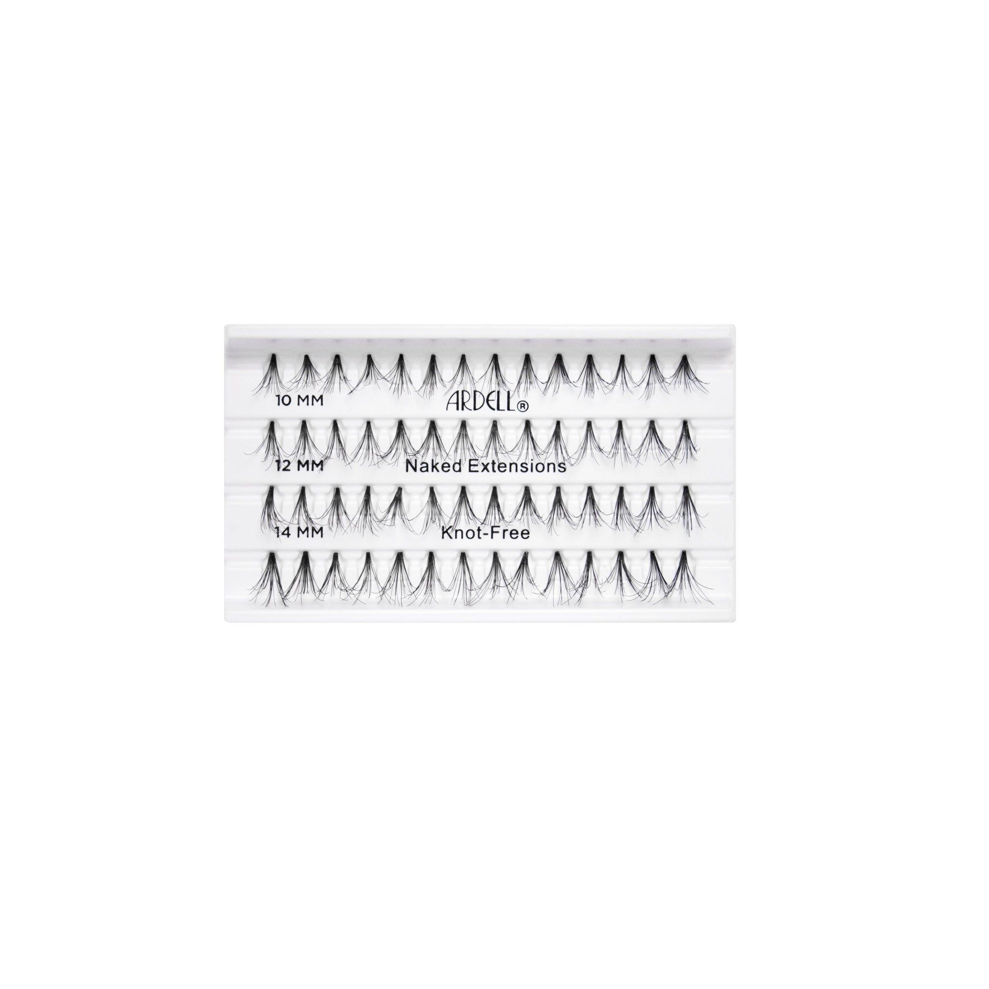 Tray of Ardell Naked Extensions individual lashes in 10mm, 12mm, and 14mm lengths, knot-free and natural looking