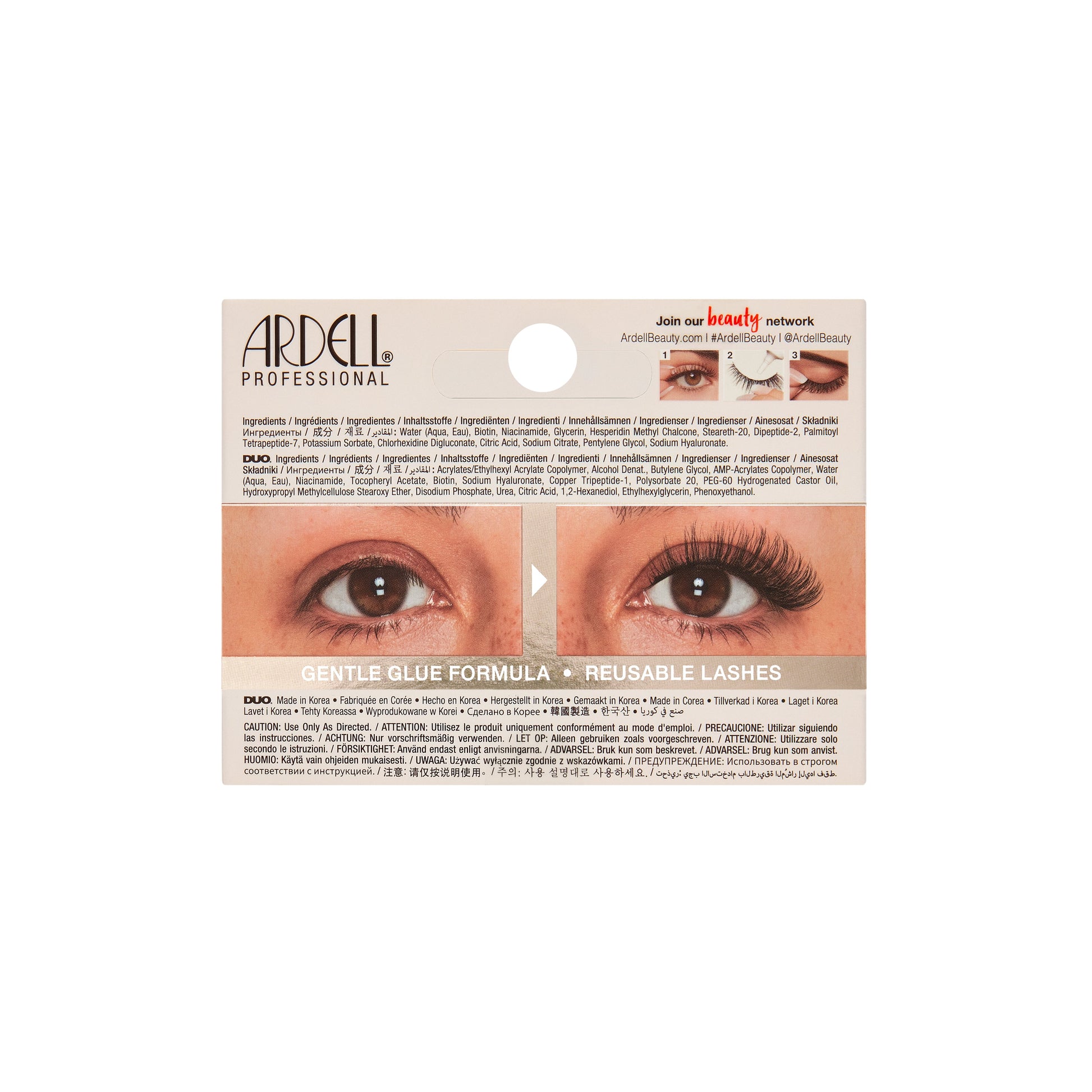 Back side of packaging with images of eyes wearing false eyelashes on a white background.