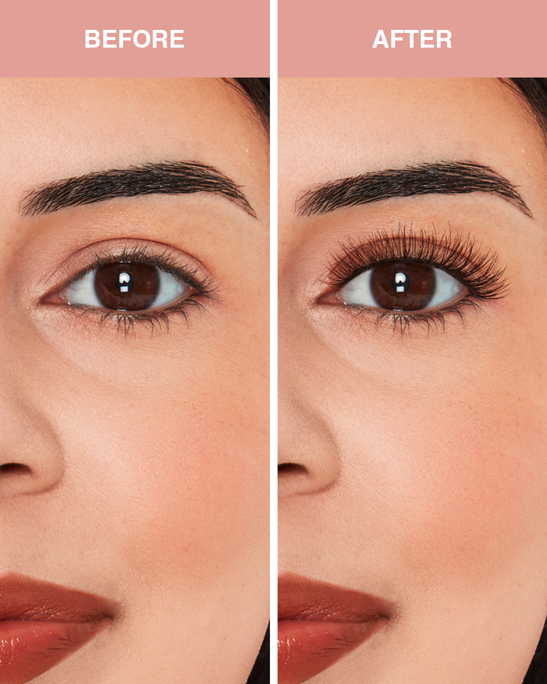 Before and after comparison of a woman's eye makeup with an eyebrow enhancement.
