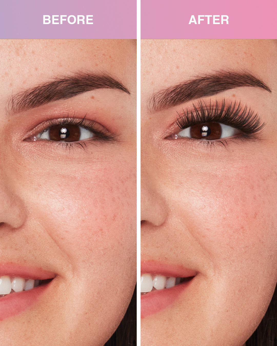Before and after comparison model using Press On Pre-Glued Underlash Extensions Fauxmink Natural on Almond eyes