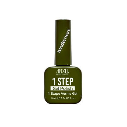 Front of Ardell One Step Gel Polish in Tenderness, a bold olive green shade in a sleek salon-style bottle.