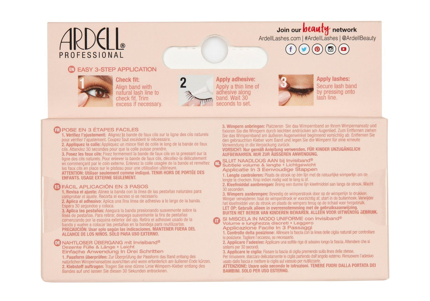 Back of Ardell Naked Lash 425 false lashes retail packaging with instructions in different languages