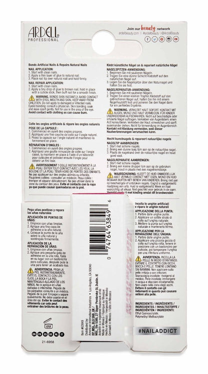 Back of Ardell Nail Addict Brush-On Nail Glue packaging with printed text in different languages