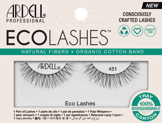 Frontview of a wall-hook ready retail pack of Ardell's Ecolashes 451 with printed label text