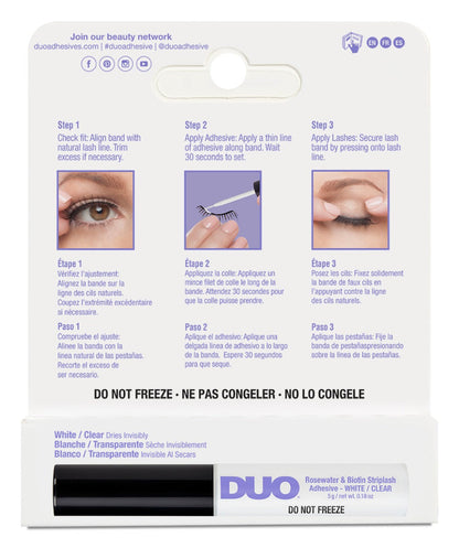 Back details of DUO® Rosewater & Biotin Striplash Adhesive with step by step instruction in different languages